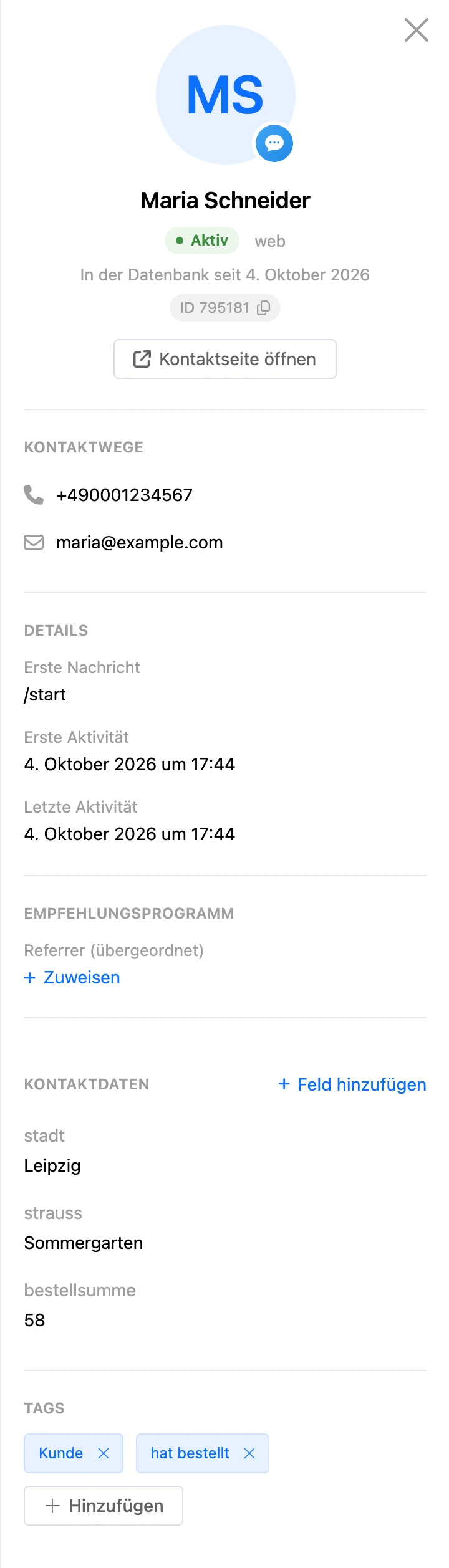 Kontaktpanel rechts vom Dialog: Kontaktwege, Details, Kontaktdaten und Tags
