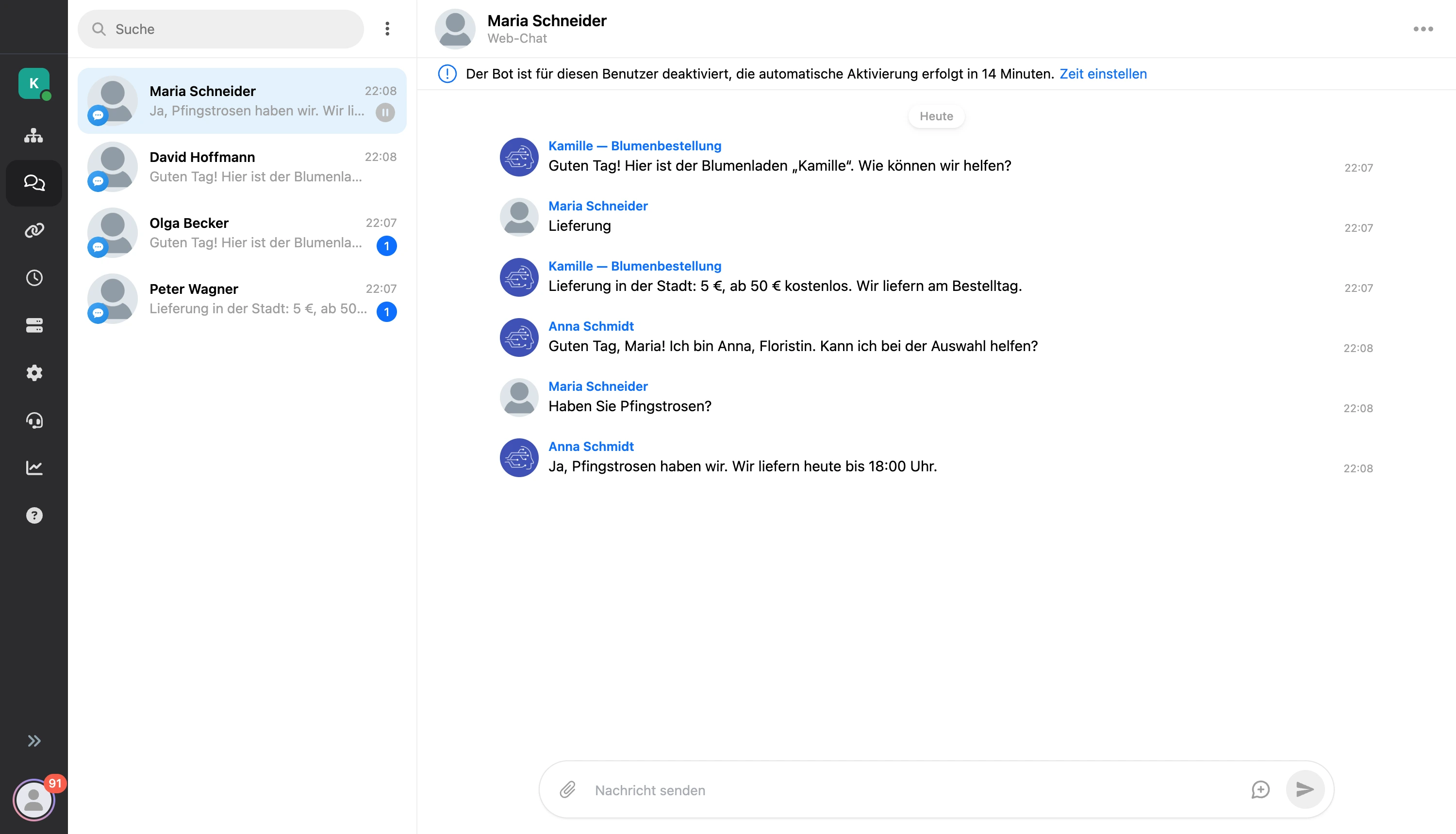 Bereich Nachrichten: Dialogliste, Schriftverkehr und Kontaktkarte