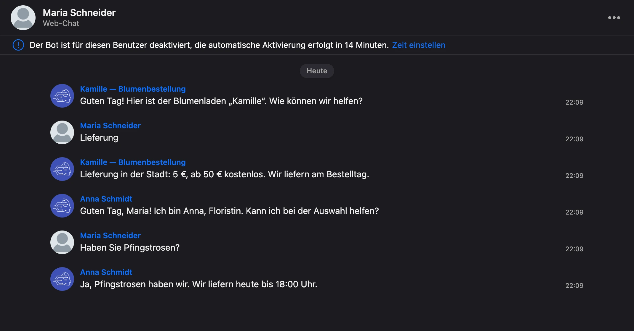 Pausenhinweis über dem Schriftverkehr: Der Bot ist für den Kontakt ausgeschaltet, daneben der Link zum Ändern der Zeit