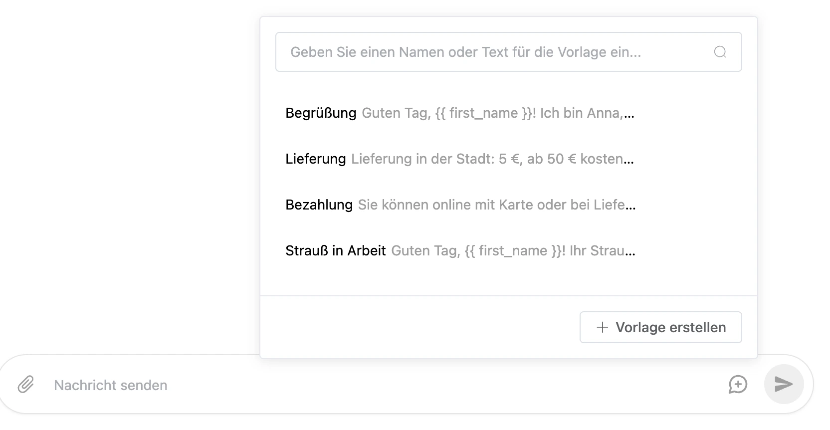 Fenster der Antwortvorlagen über dem Eingabefeld: Suche, Liste der Vorlagen und Button „Vorlage erstellen“