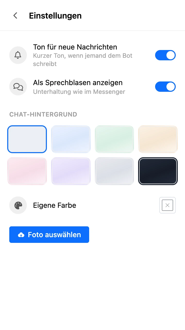 Einstellungen des Bereichs: Ton, Ansicht des Schriftverkehrs und Hintergrund