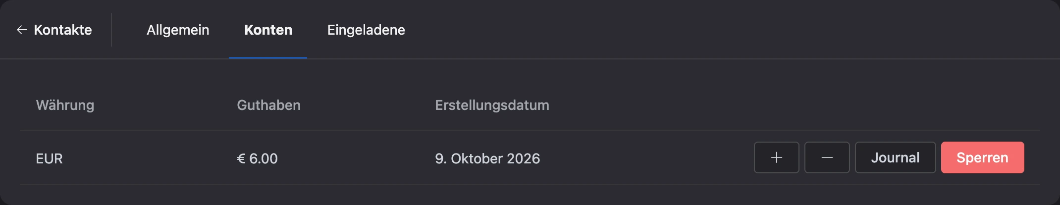 Der Tab „Konten“: Konto des Kontakts mit Saldo und Buttons