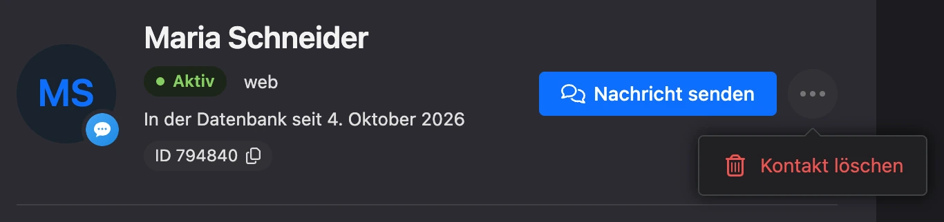Kopf der Karte mit dem Menü „⋯“ und dem Punkt „Kontakt löschen“