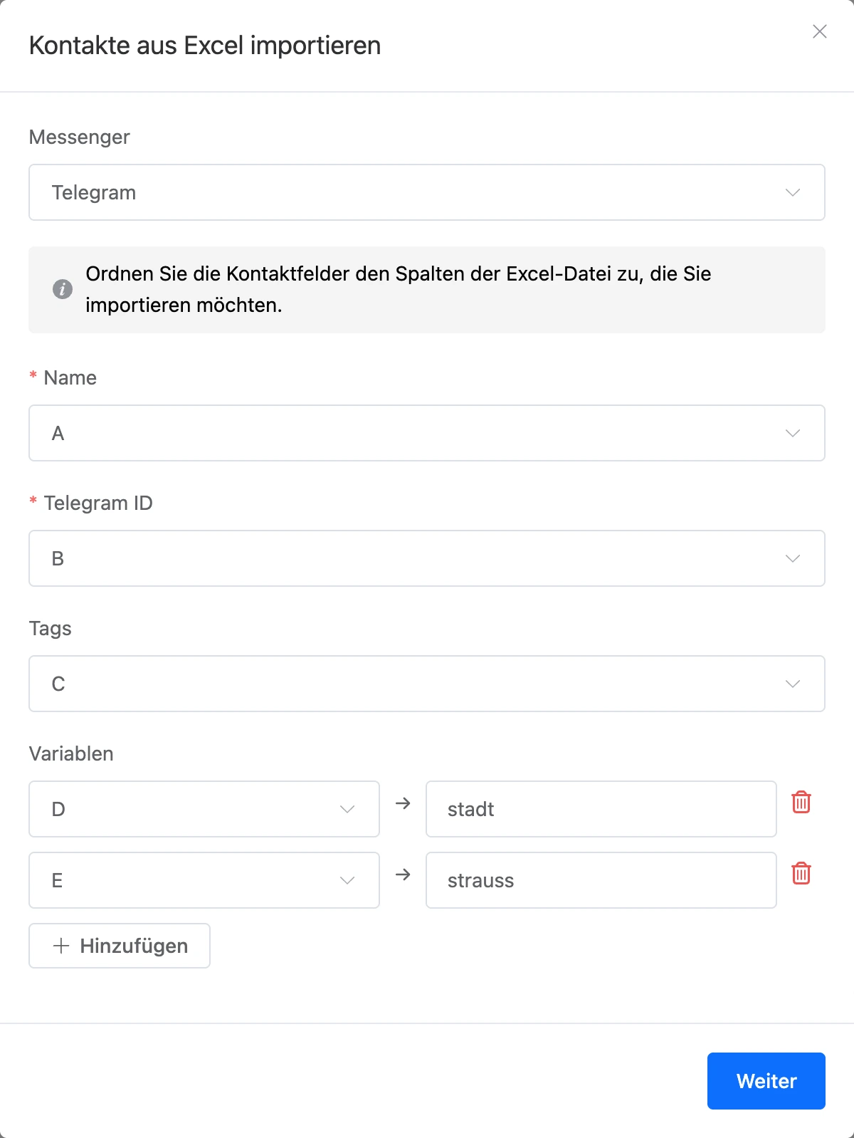 Das Fenster „Kontakte aus Excel importieren“: Spalten für Name, Telegram-ID, Tags und Variablen