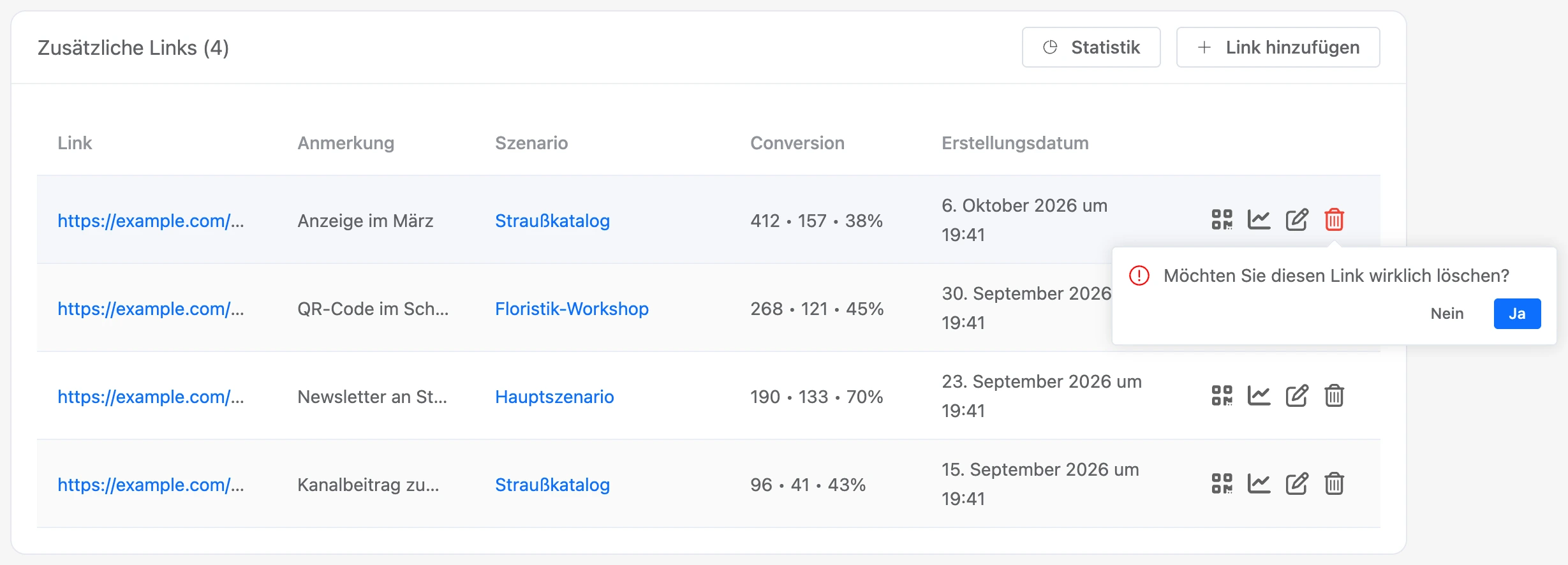 Bestätigung zum Löschen eines Links in der Tabellenzeile