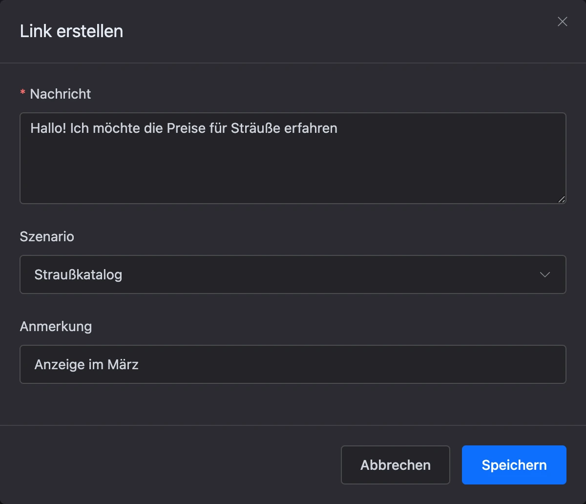 Fenster zum Erstellen eines Viber-Links mit dem Feld „Nachricht“