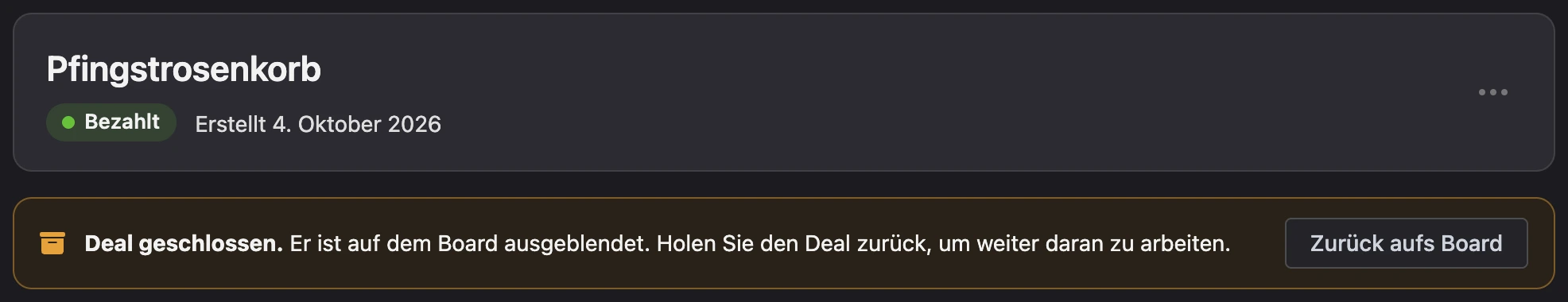 Hinweis „Deal geschlossen“ mit der Schaltfläche „Zurück aufs Board“