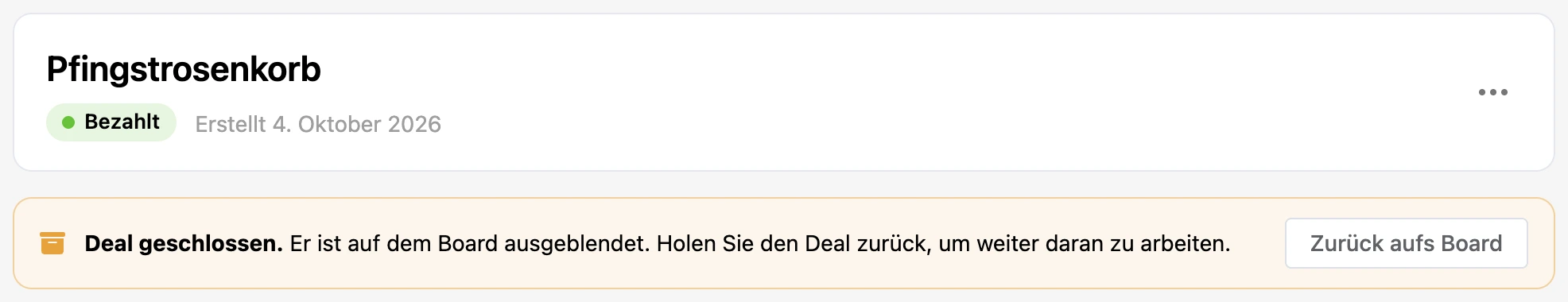 Hinweis „Deal geschlossen“ mit der Schaltfläche „Zurück aufs Board“