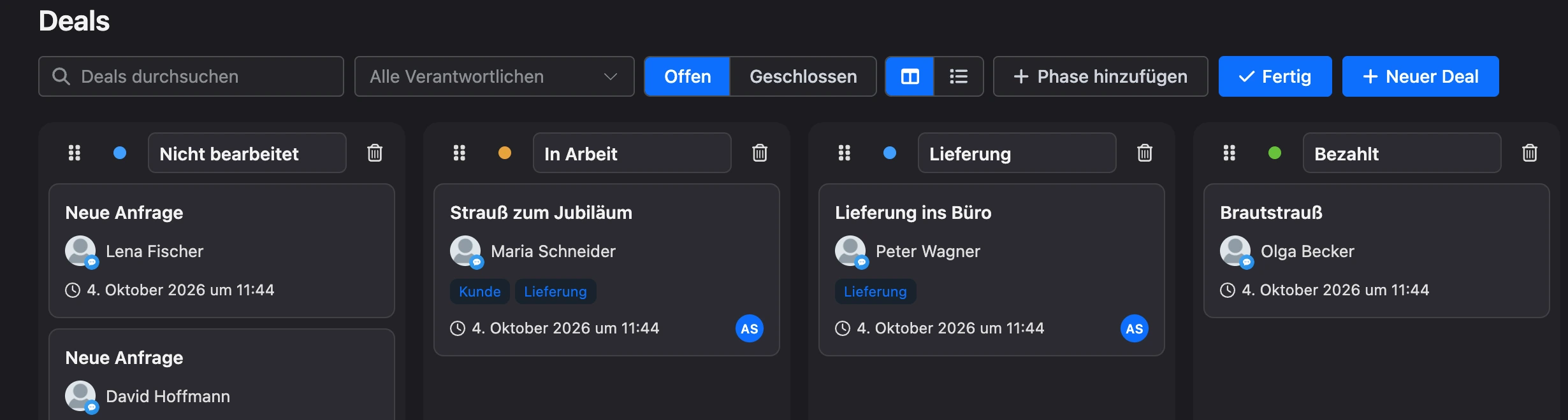 Phasen einrichten: Ziehgriff, Farbe, Name und Löschen in den Spaltenköpfen