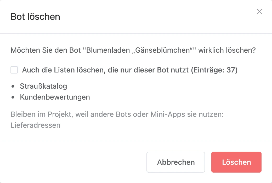 Bestätigung zum Löschen eines Bots