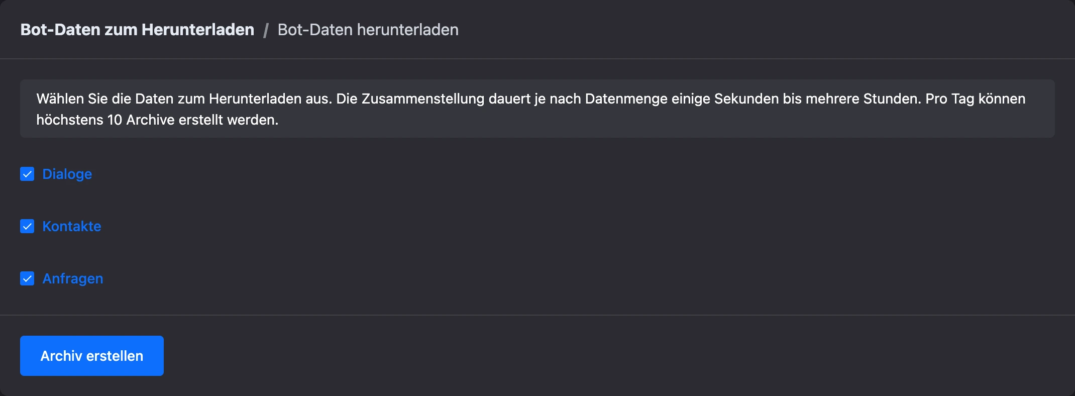 Archivanfrage mit markierten Dialogen, Kontakten und Anfragen