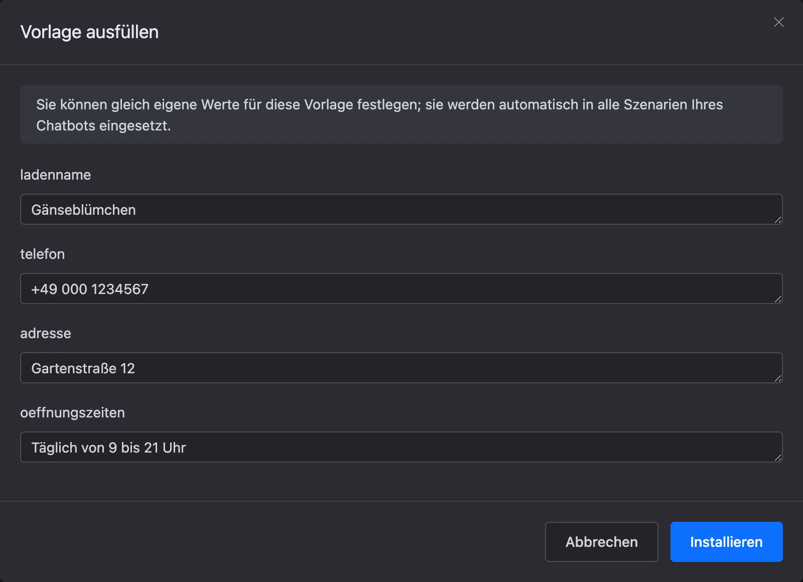 Fenster „Vorlage ausfüllen“ mit eigenen Werten