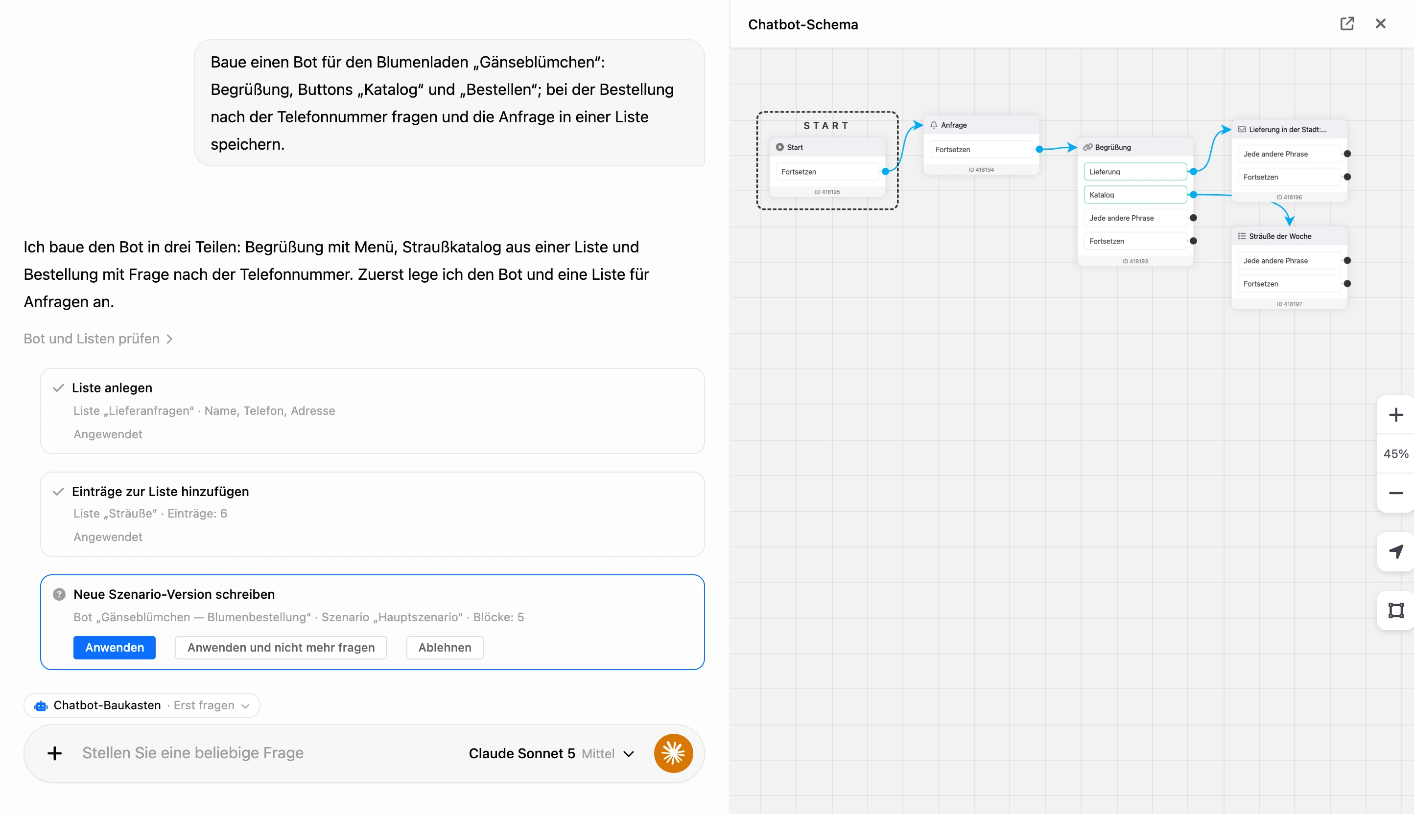 Aufbau im KI-Chat: Änderungskarten mit „Anwenden“ und „Ablehnen“, rechts der Bereich „Chatbot-Schema“