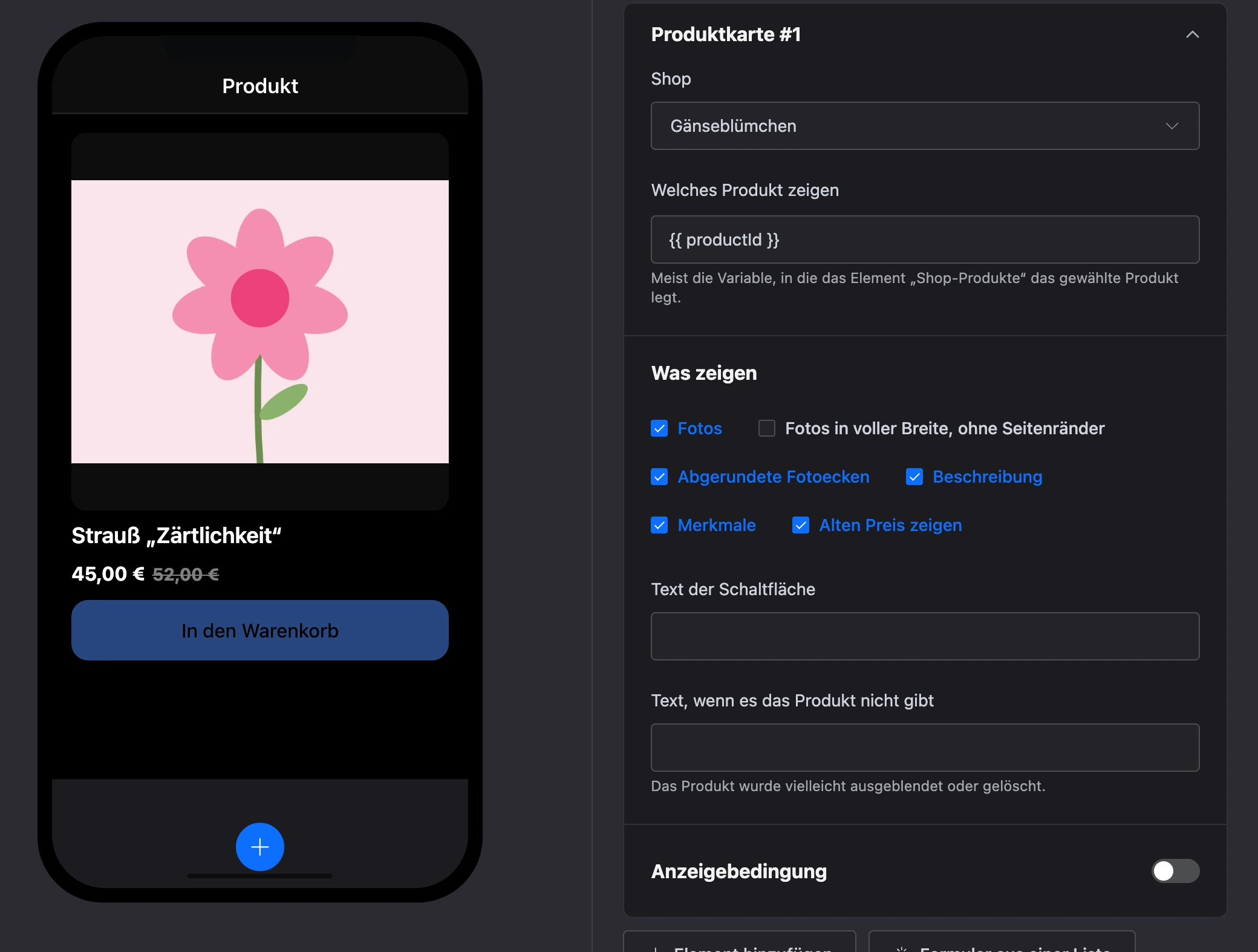 Element „Produktkarte“: Fotos, Preis und Schaltfläche „In den Warenkorb“ und Einstellungen des Elements
