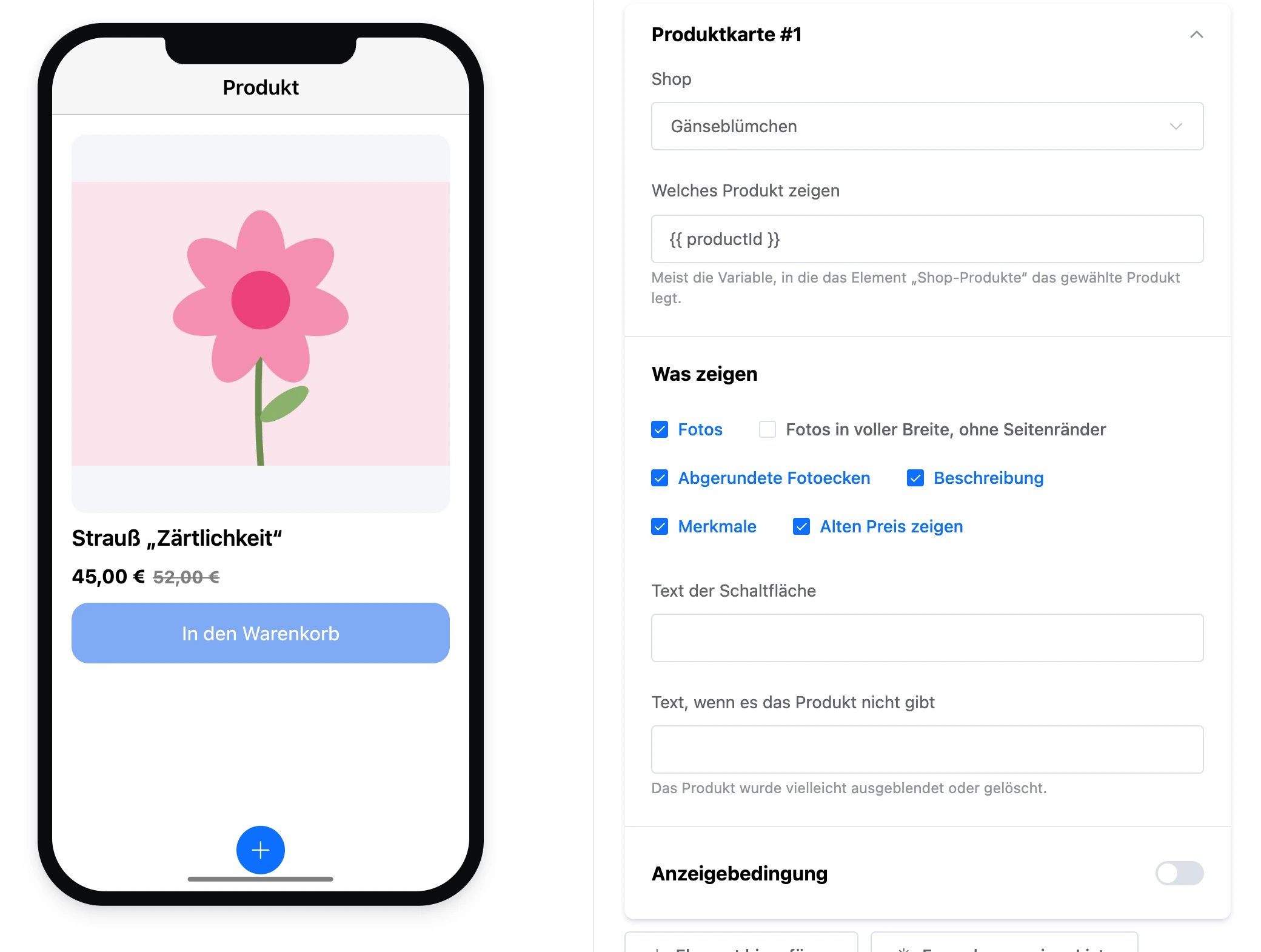 Element „Produktkarte“: Fotos, Preis und Schaltfläche „In den Warenkorb“ und Einstellungen des Elements