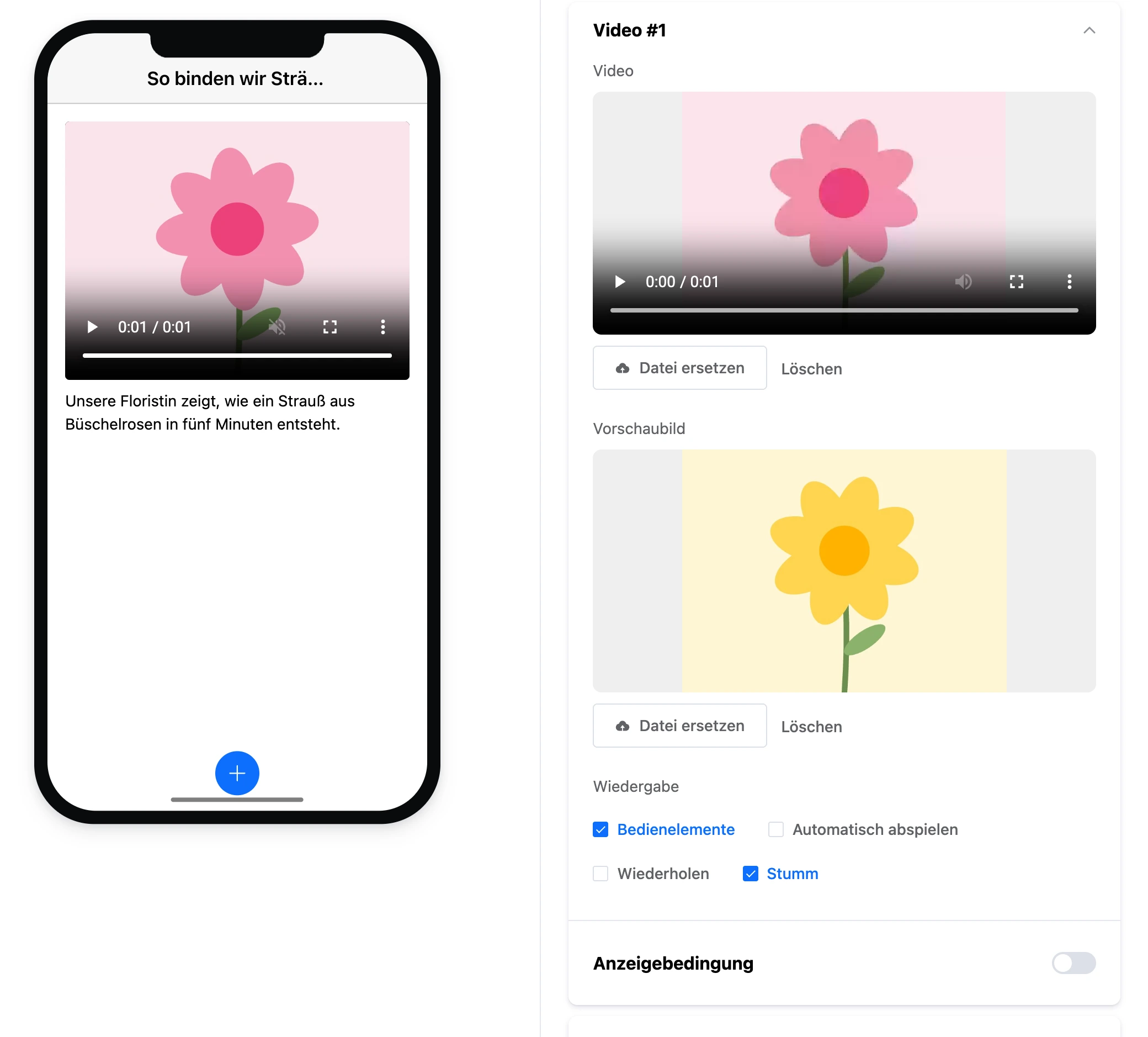 Element „Video“: Player mit Vorschaubild auf dem Bildschirm und Einstellungen des Elements