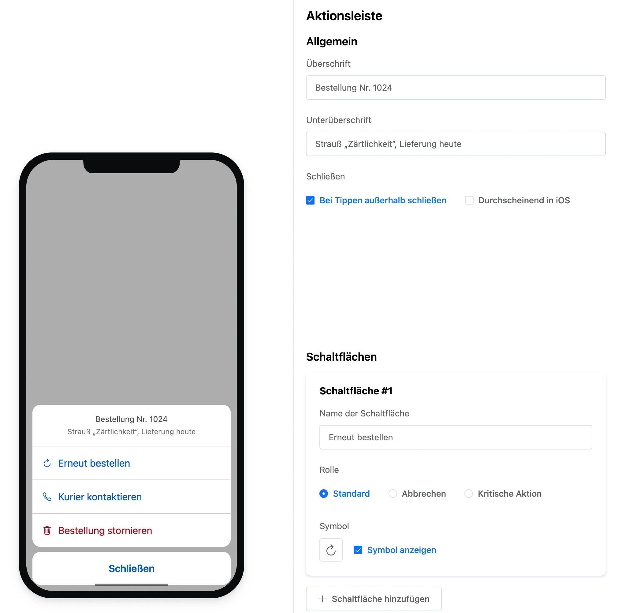 Block „Aktionsleiste“: die Leiste auf dem Telefon und die Einstellungen des ersten Buttons