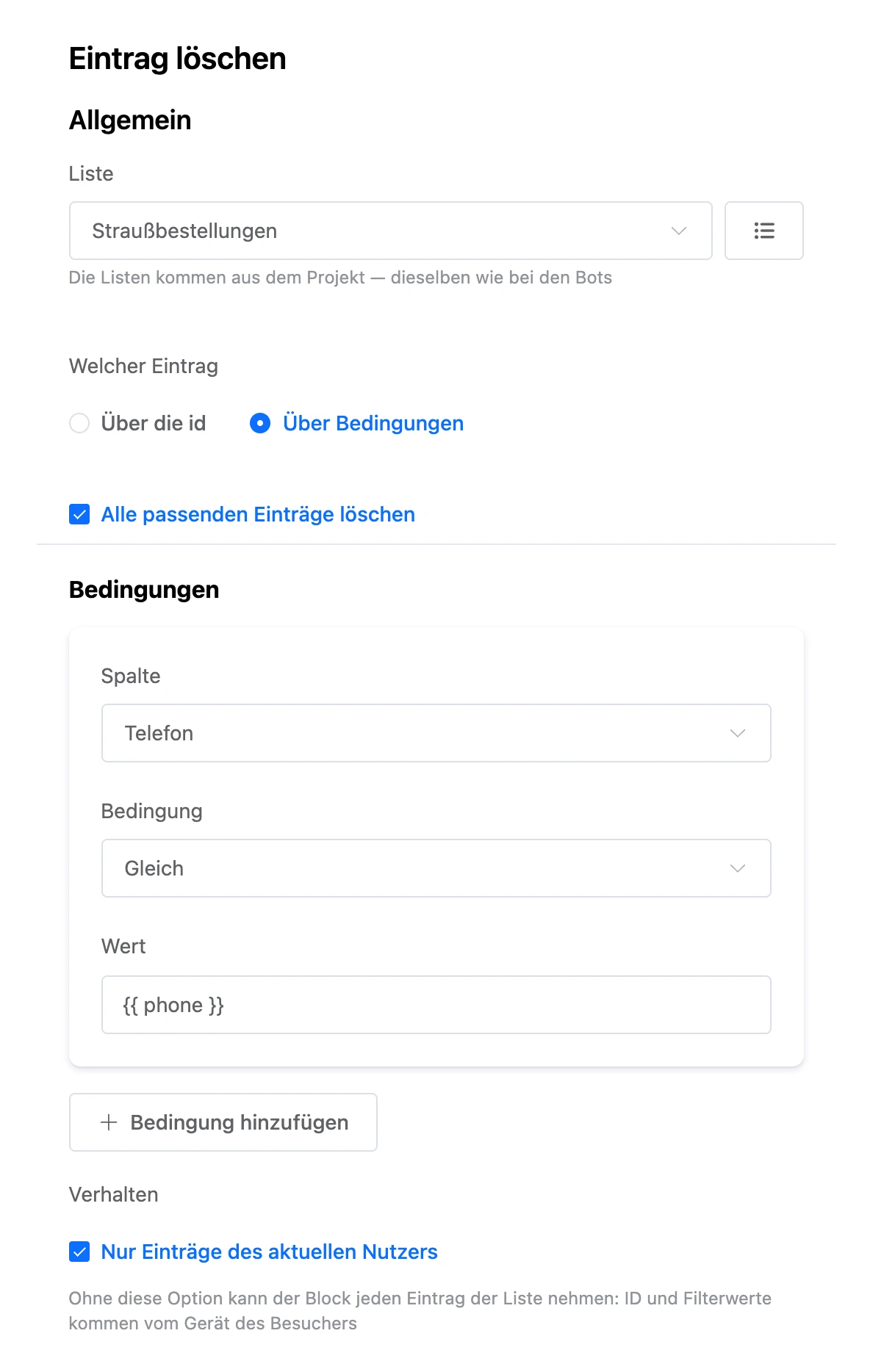 Block „Eintrag löschen“: alle passenden Einträge nach einer Bedingung auf die Spalte „Telefon“ löschen