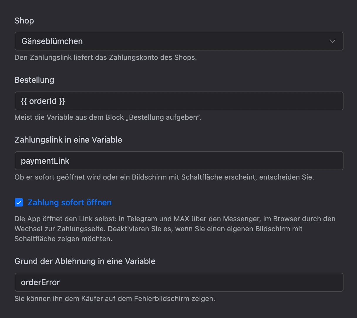 Block „Bestellzahlung“: Bestellung aus einer Variable, Link in eine Variable und „Zahlung sofort öffnen“