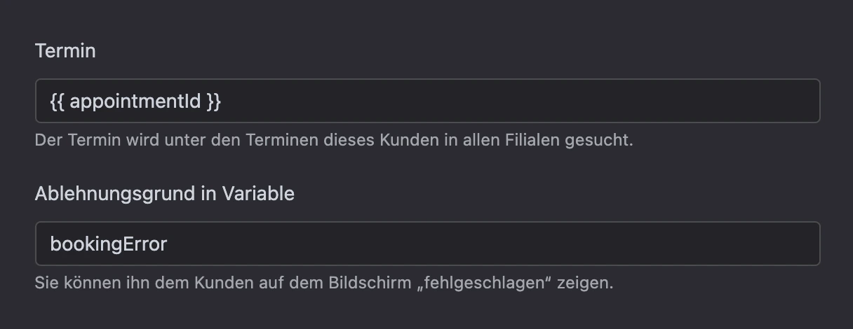 Block „Termin absagen“: Termin aus einer Variable und Ablehnungsgrund
