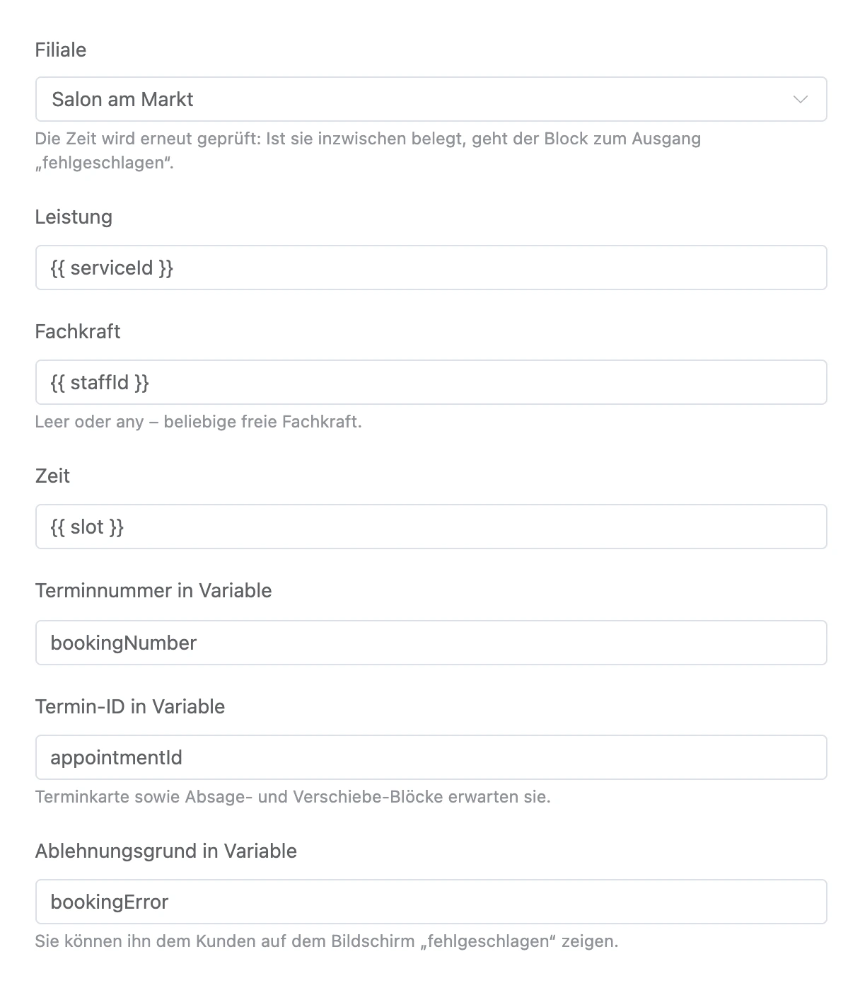 Block „Termin buchen“: Filiale, Leistung, Fachkraft, Zeit und Variablen