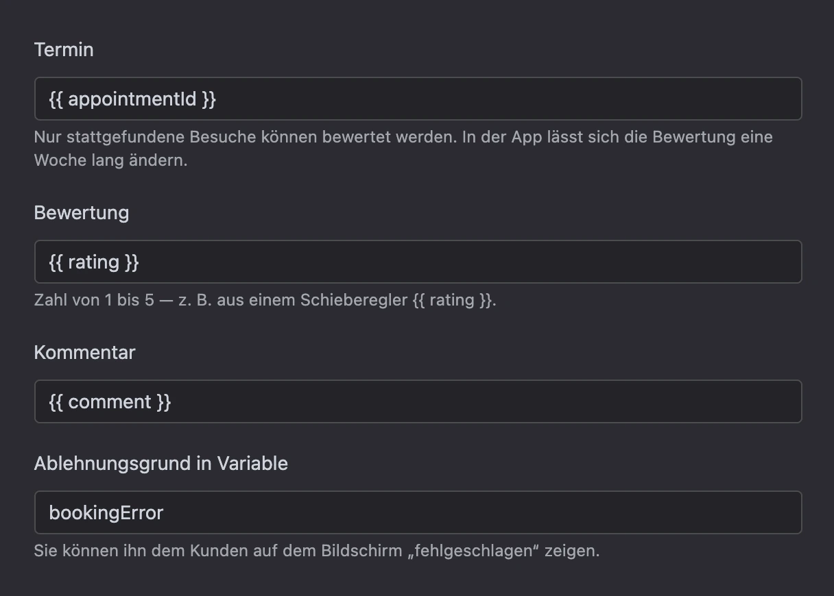 Block „Besuch bewerten“: Termin, Bewertung und Kommentar aus Variablen