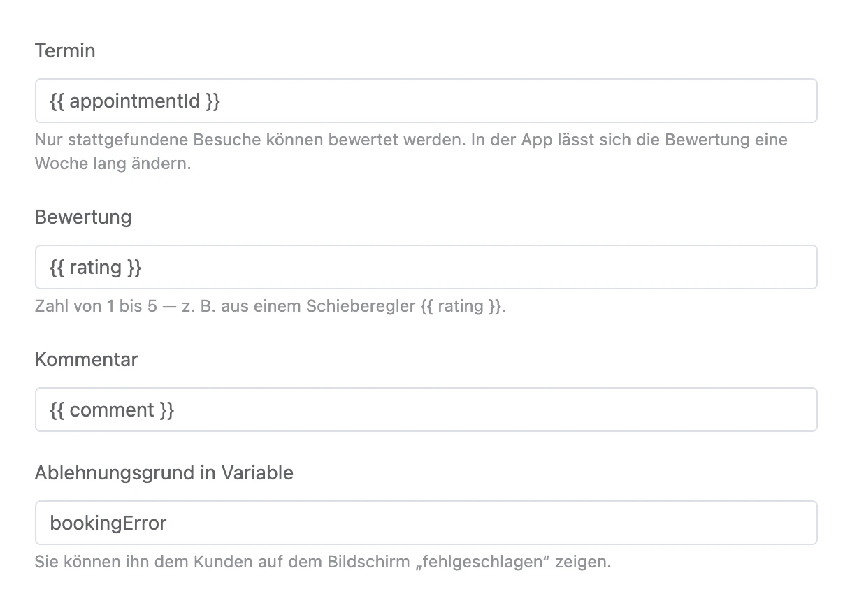 Block „Besuch bewerten“: Termin, Bewertung und Kommentar aus Variablen