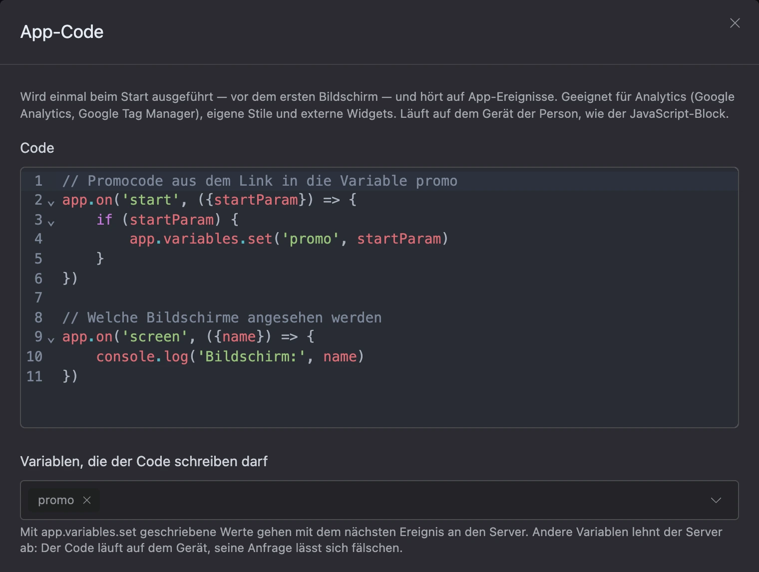 Fenster „App-Code“