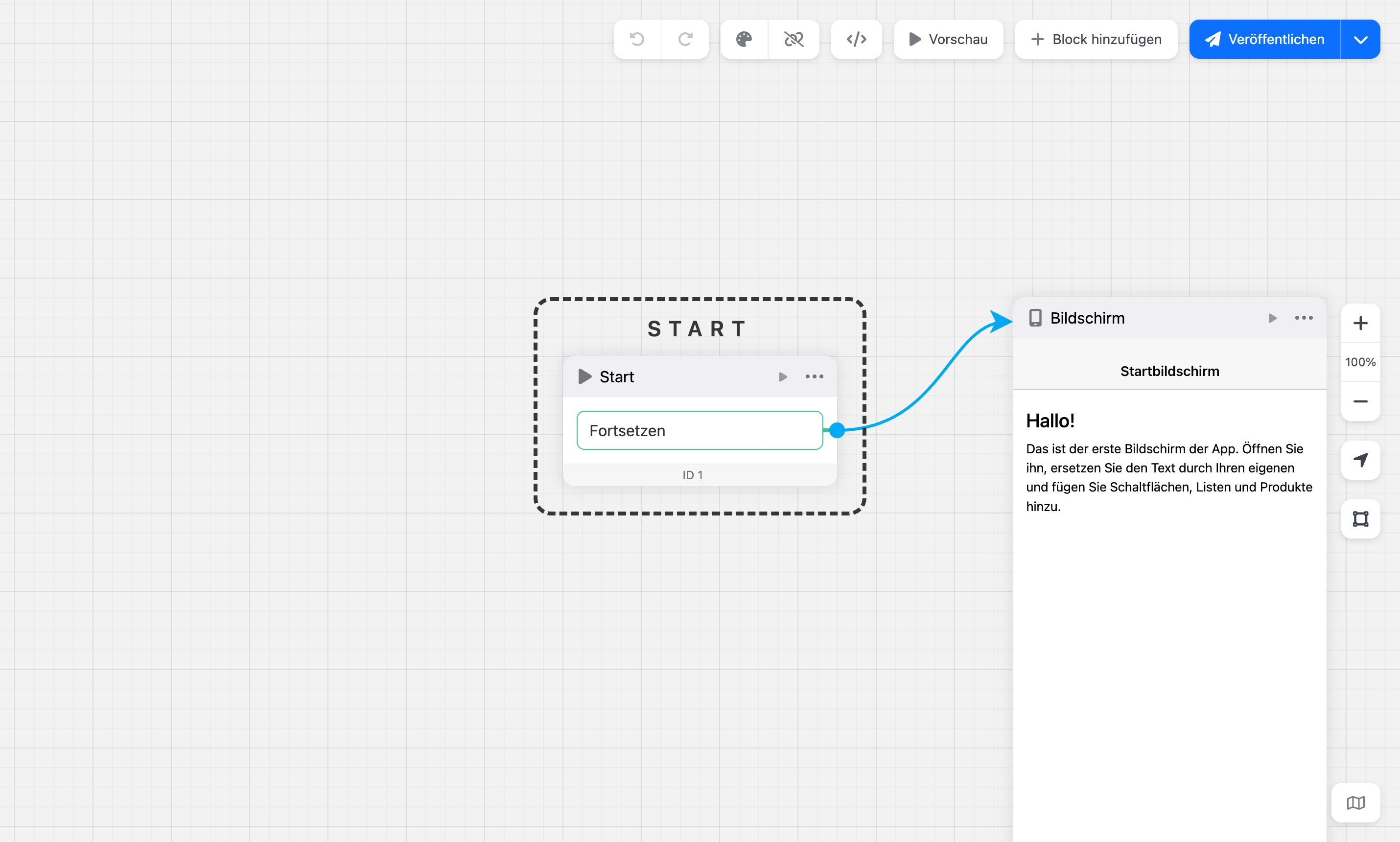 Schema der Mini-App: Start-Block und erster Bildschirm