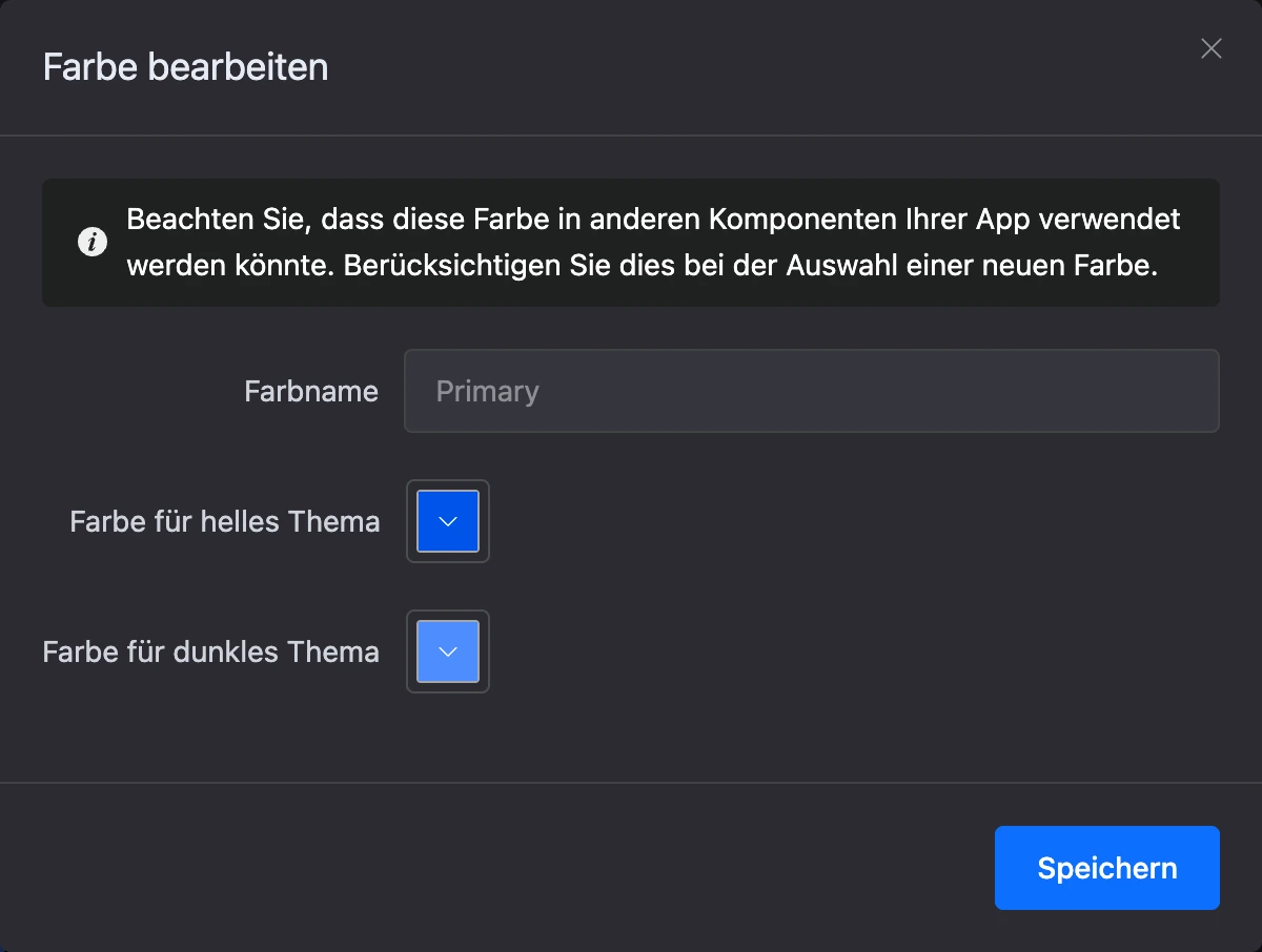 Palettenfarbe bearbeiten: Werte für helles und dunkles Design