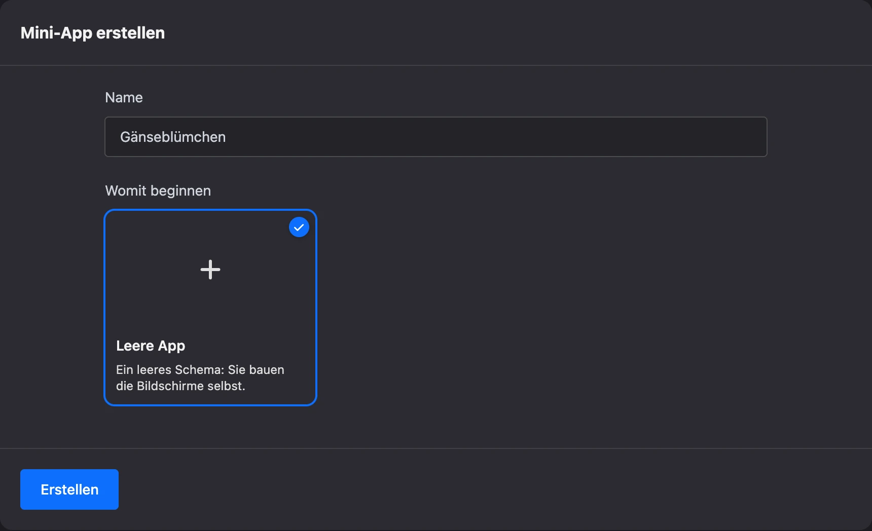 Formular zum Erstellen einer Mini-App: Name und Vorlagen