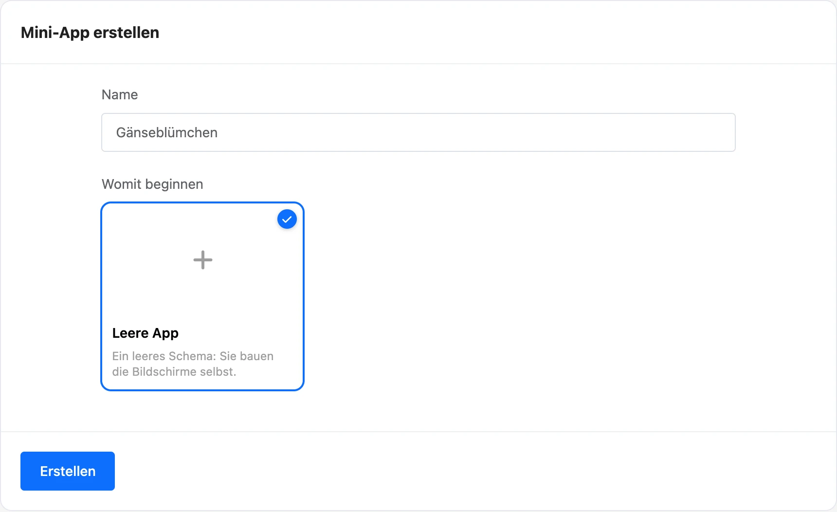 Formular zum Erstellen einer Mini-App: Name und Vorlagen