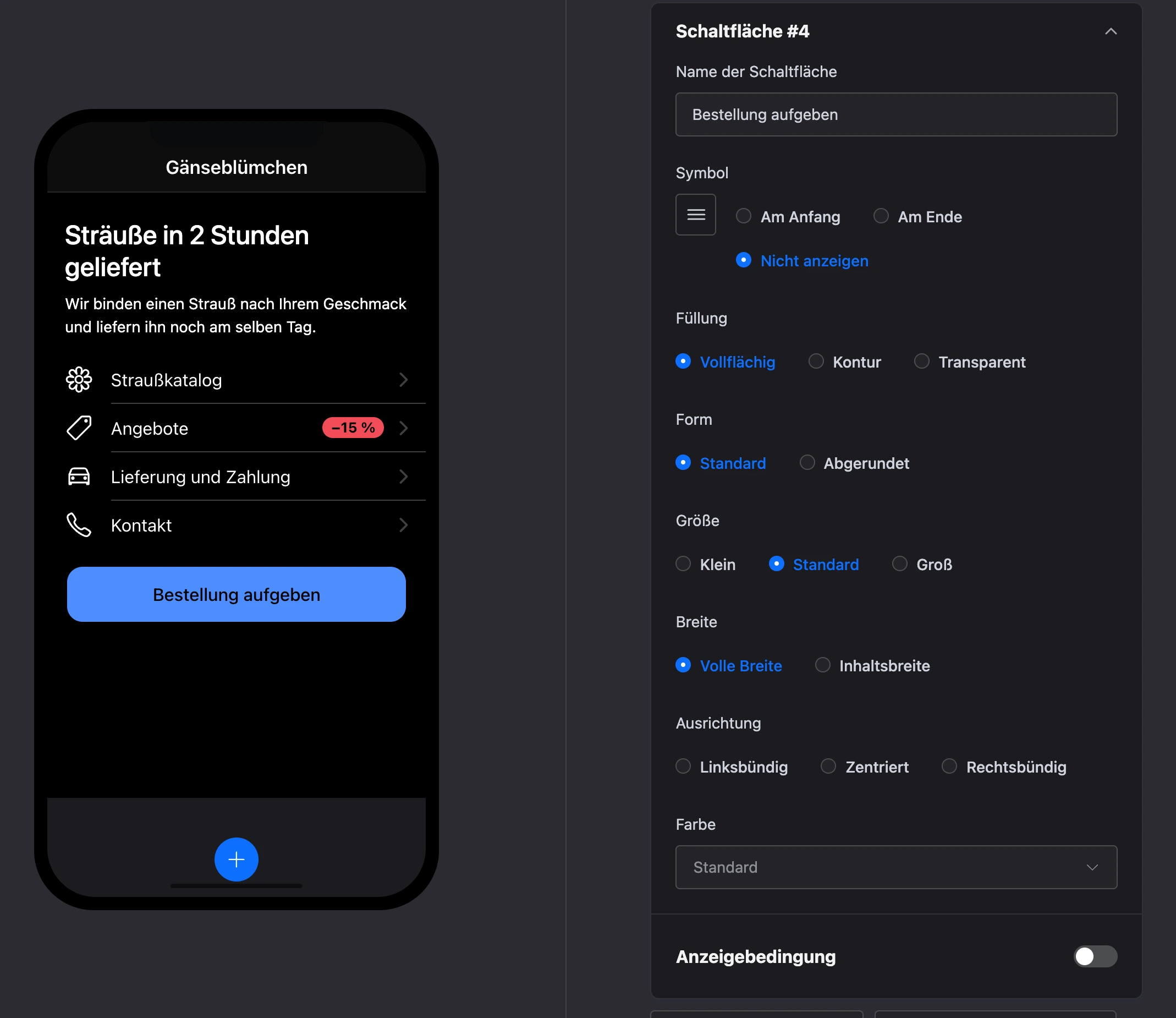Bildschirm-Editor: Ein Klick auf die Schaltfläche im Smartphone hat ihre Einstellungen geöffnet