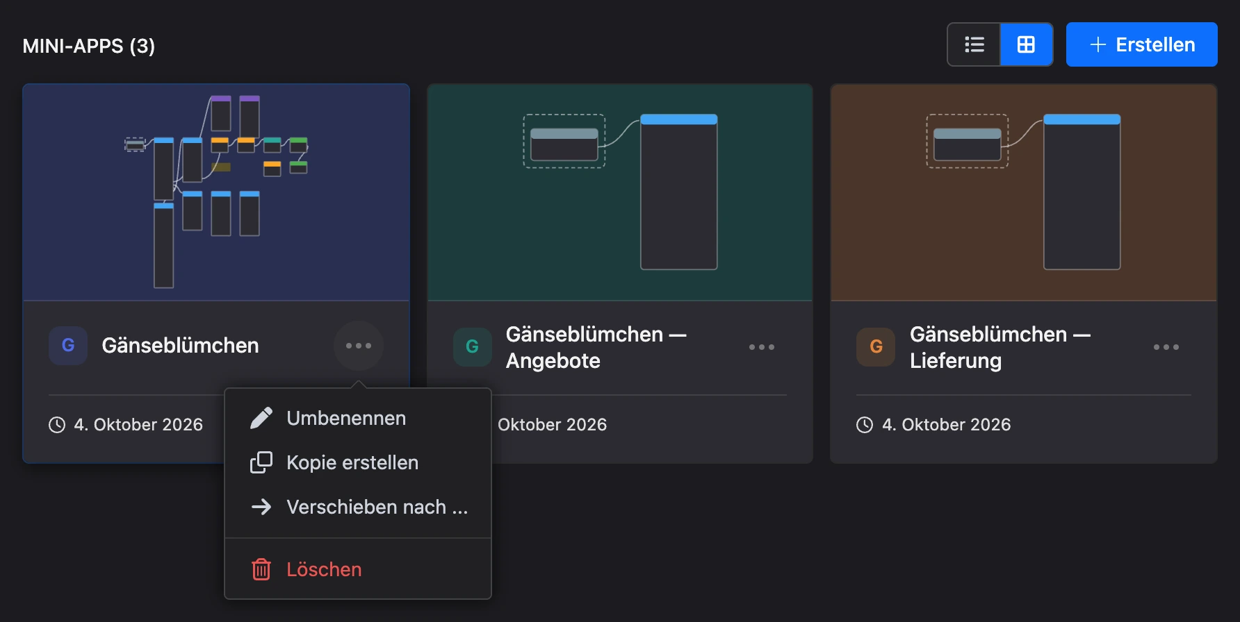 App-Liste als Karten und das Menü „⋯“