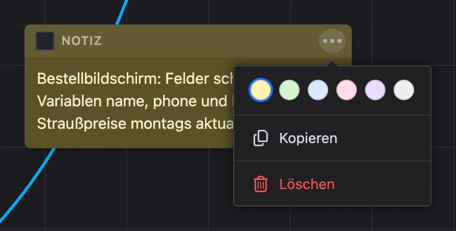 Notiz auf der Karte und ihr Menü: Farben, „Kopieren“, „Löschen“