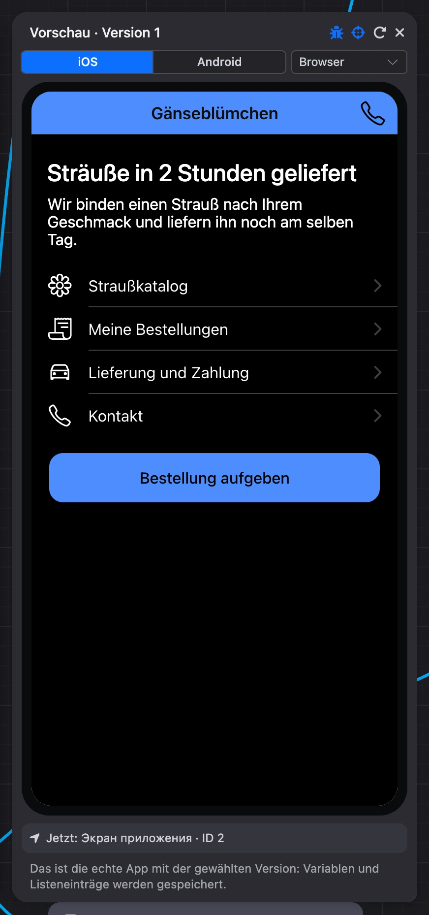 Vorschau-Leiste mit der App