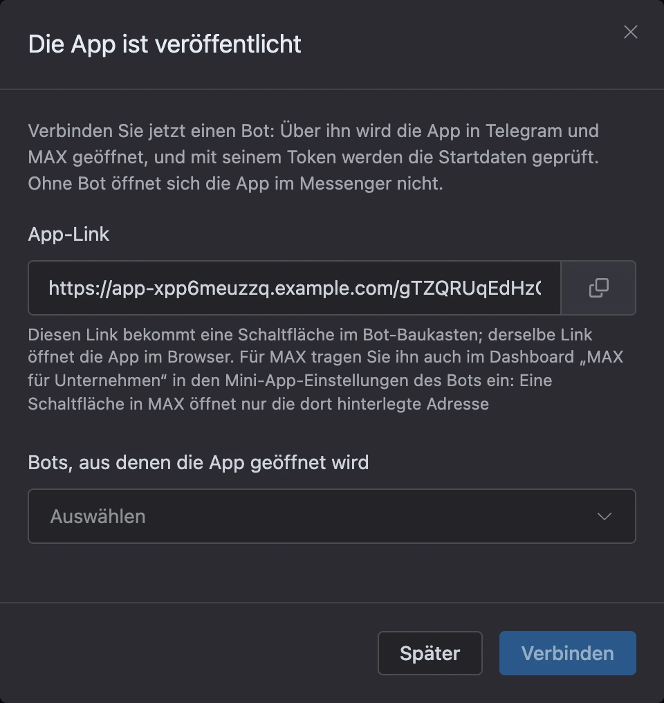 Fenster „App veröffentlicht“: Link und Bot-Auswahl