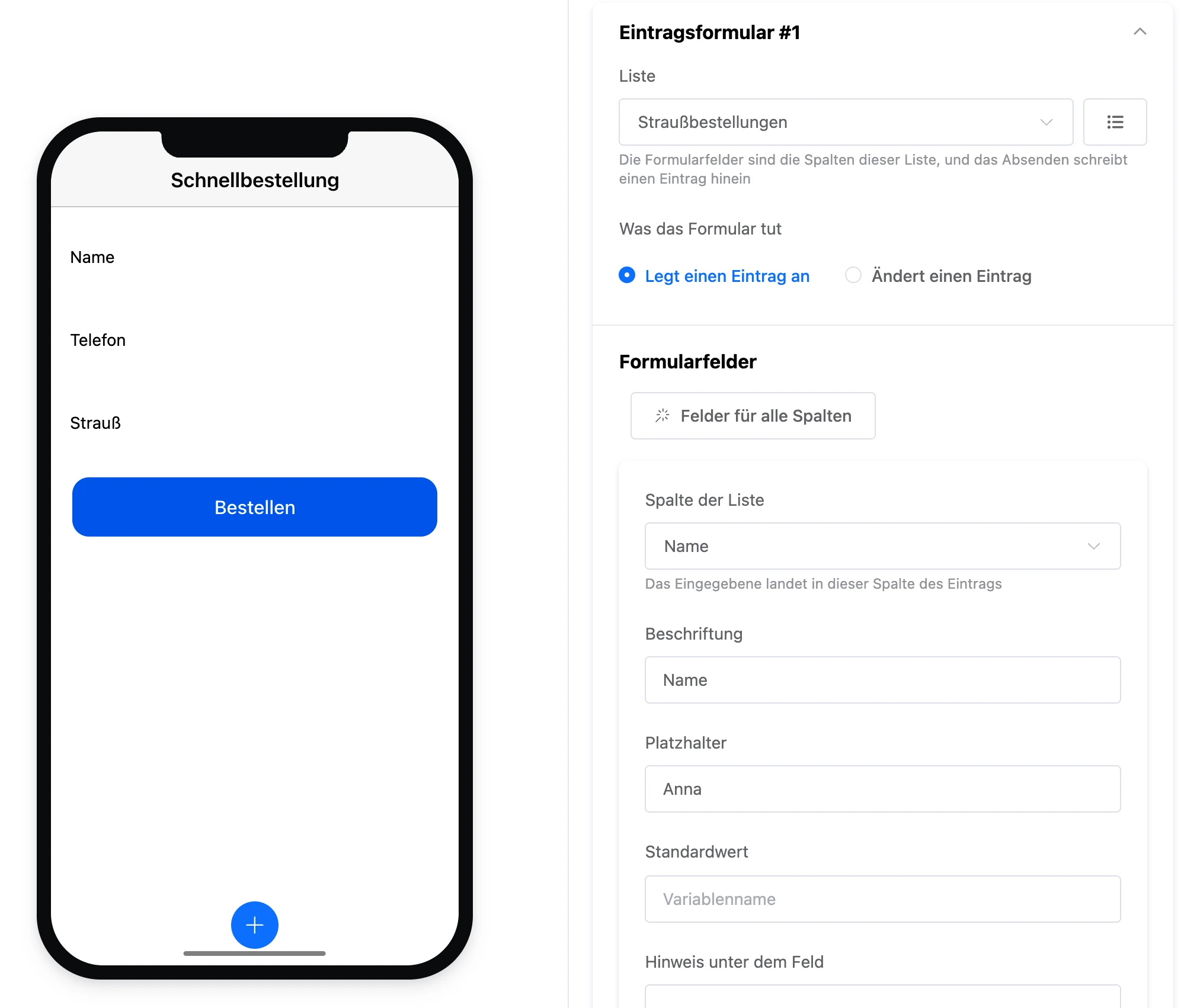 Element „Eintragsformular“: Liste und Formularfelder