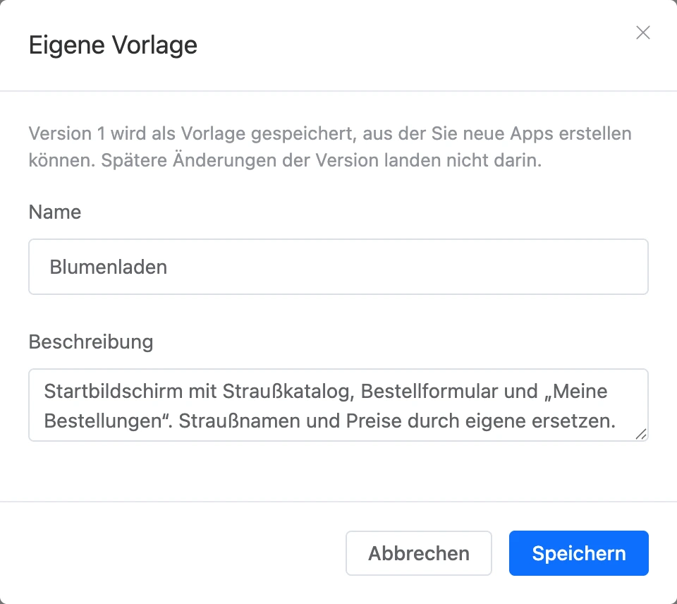 Fenster „Eigene Vorlage“: Name und Beschreibung