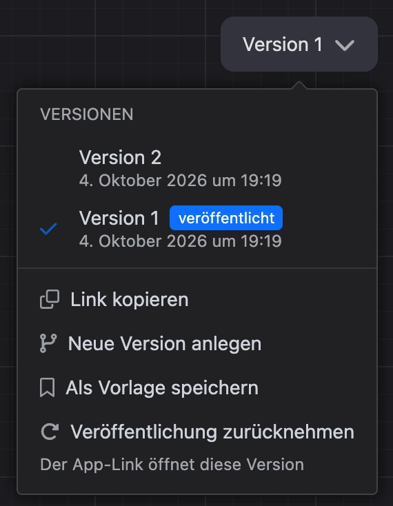 Versionsmenü: veröffentlichte und neue Version