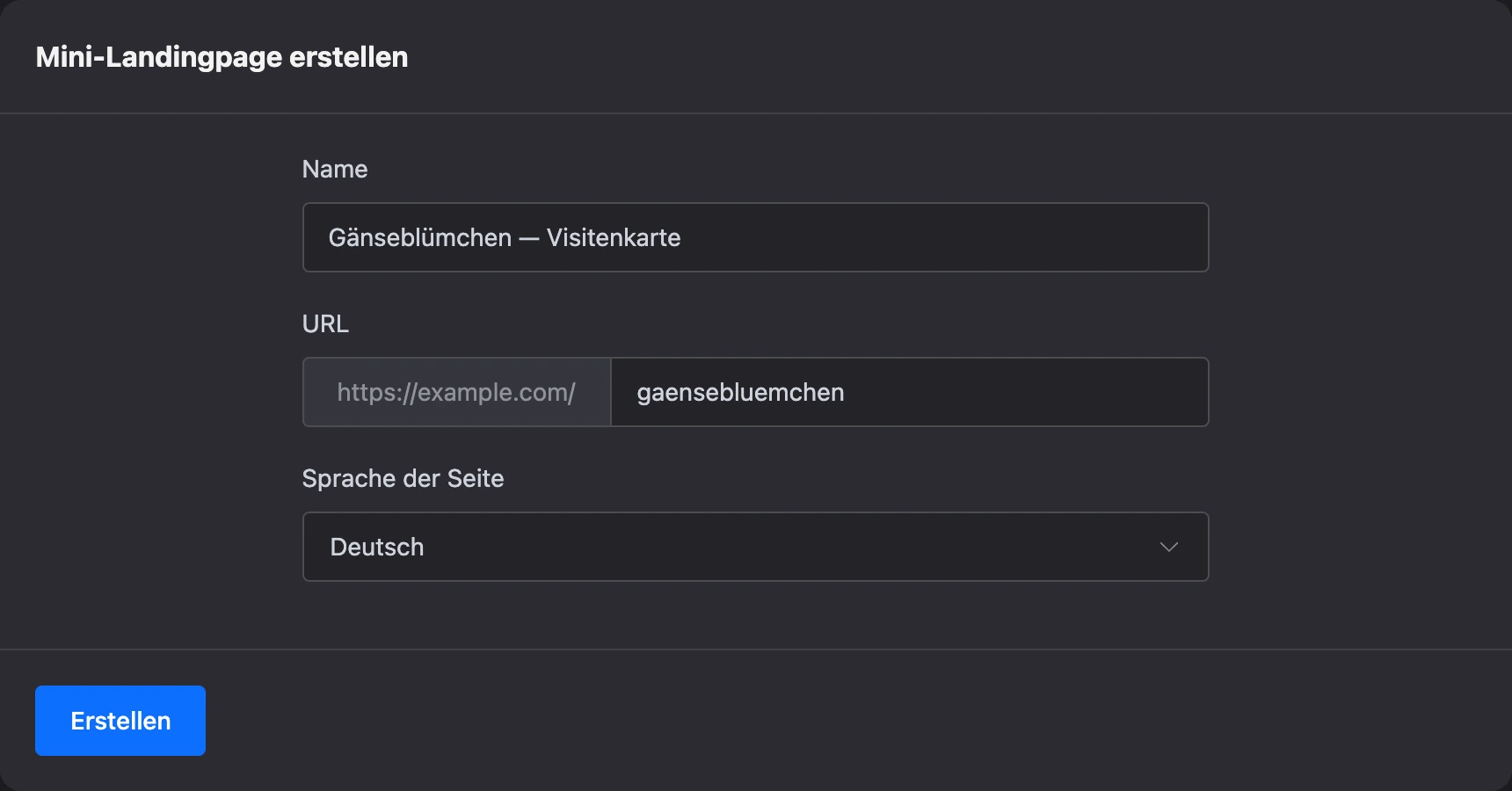 Formular „Mini-Landingpage erstellen“