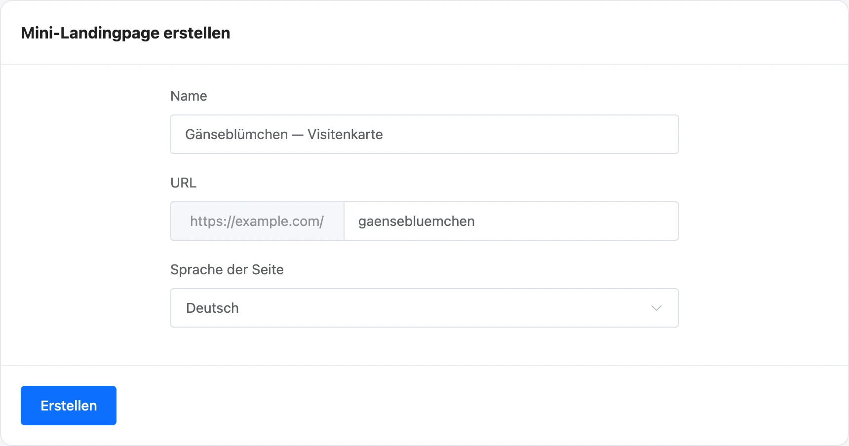Formular „Mini-Landingpage erstellen“