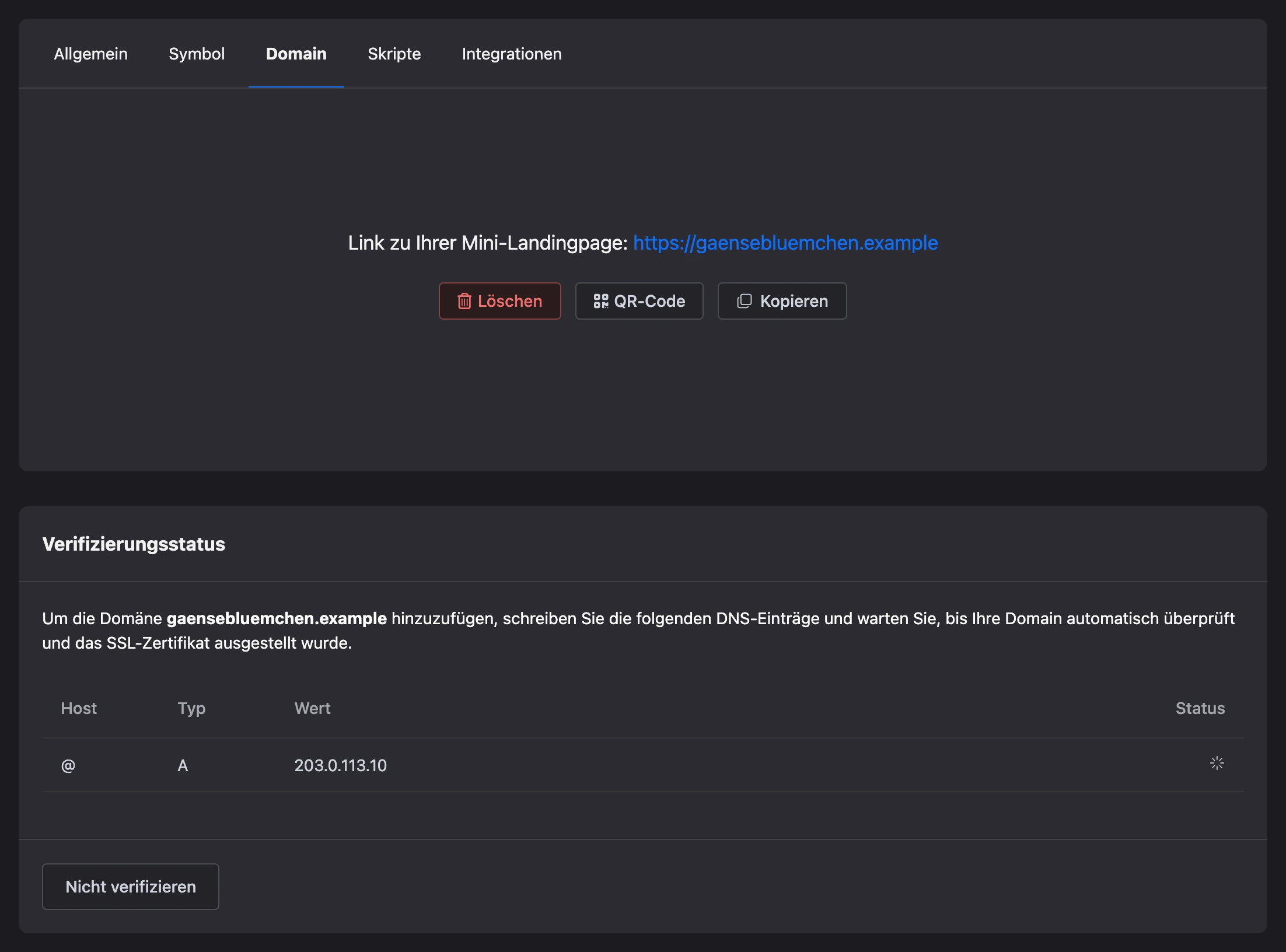 Domain hinzugefügt: Verifizierungsstatus und DNS-Eintrag