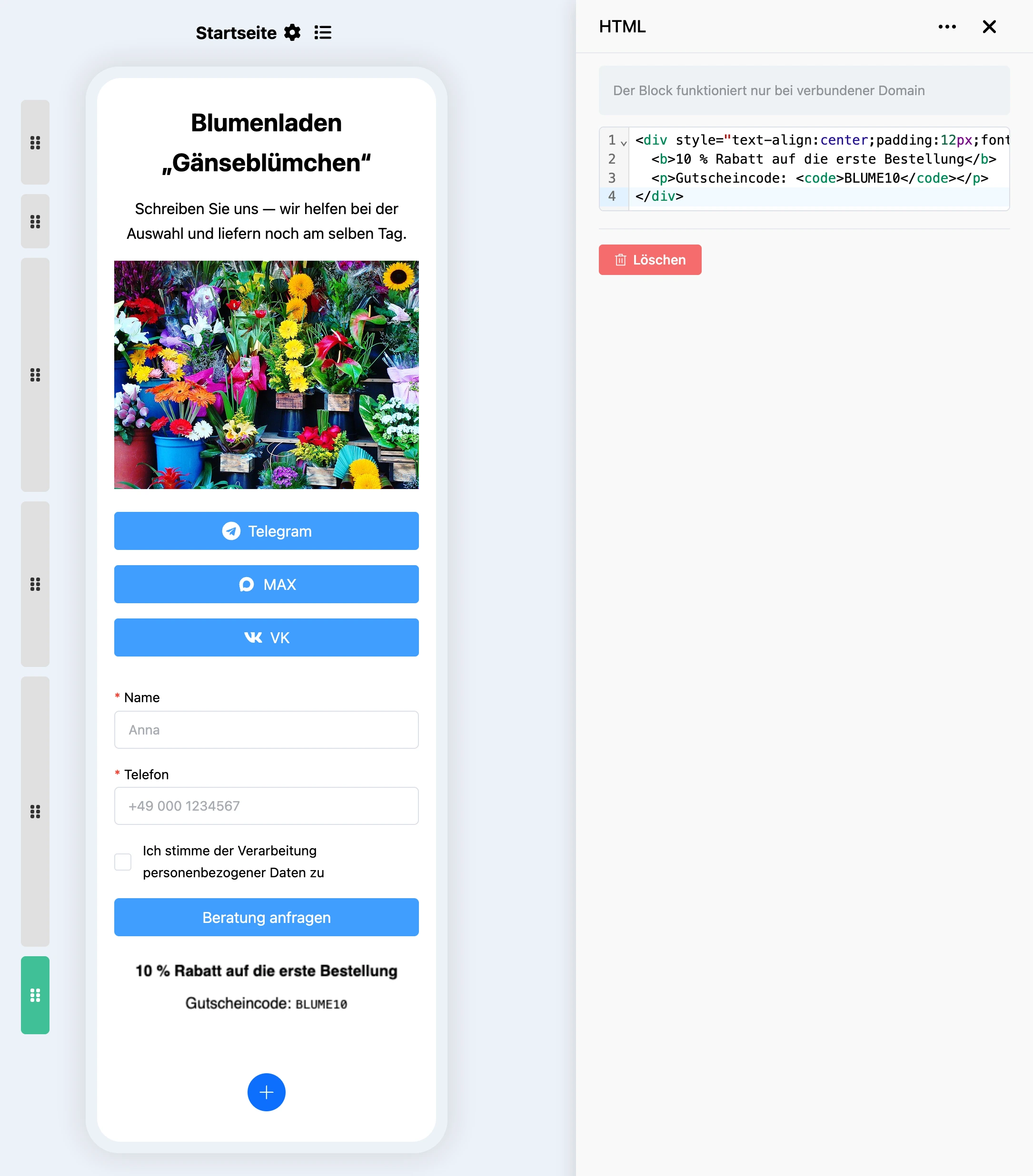 Block „HTML“: Code-Editor