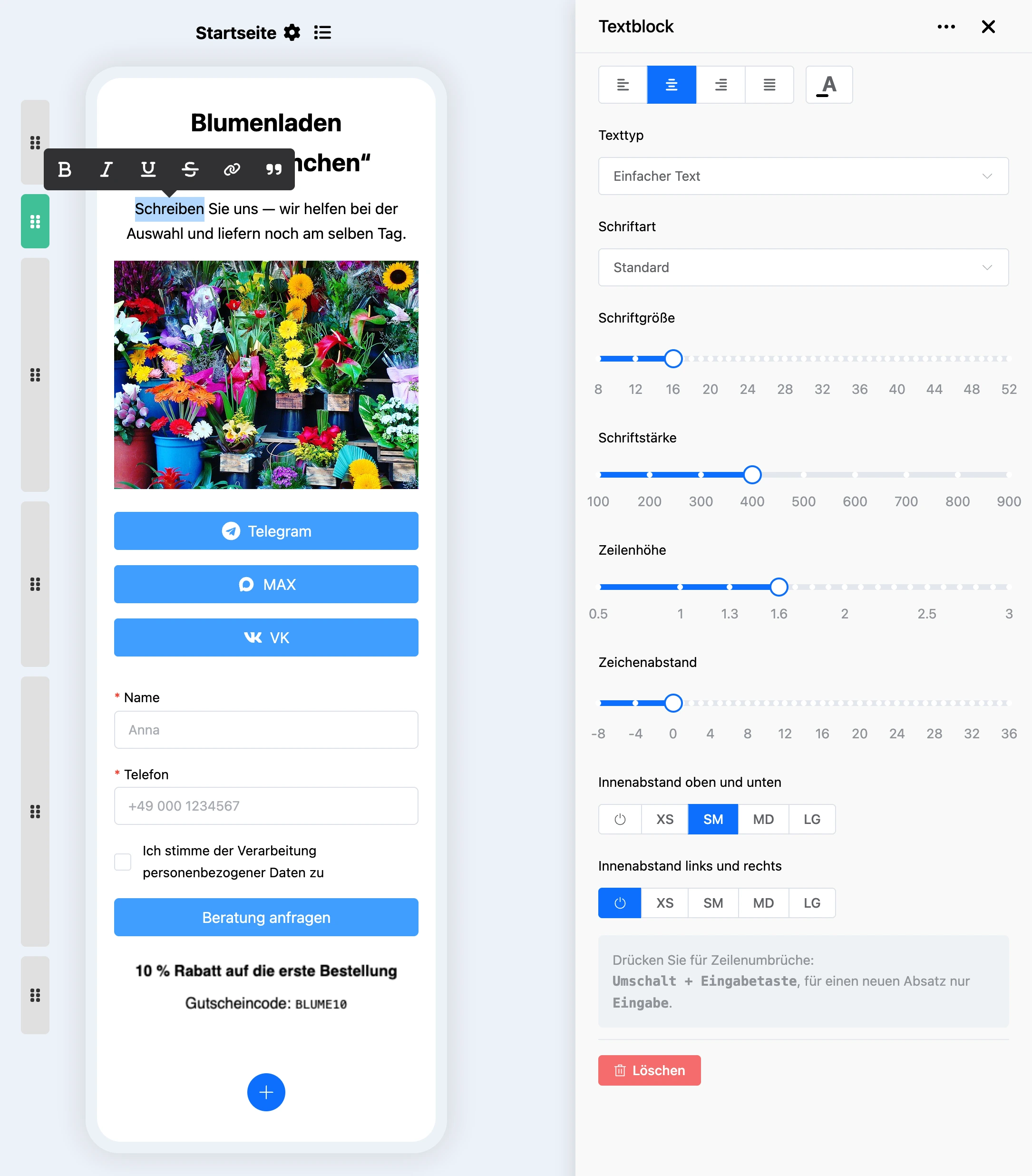 Textblock: Formatierungsleiste über dem markierten Wort