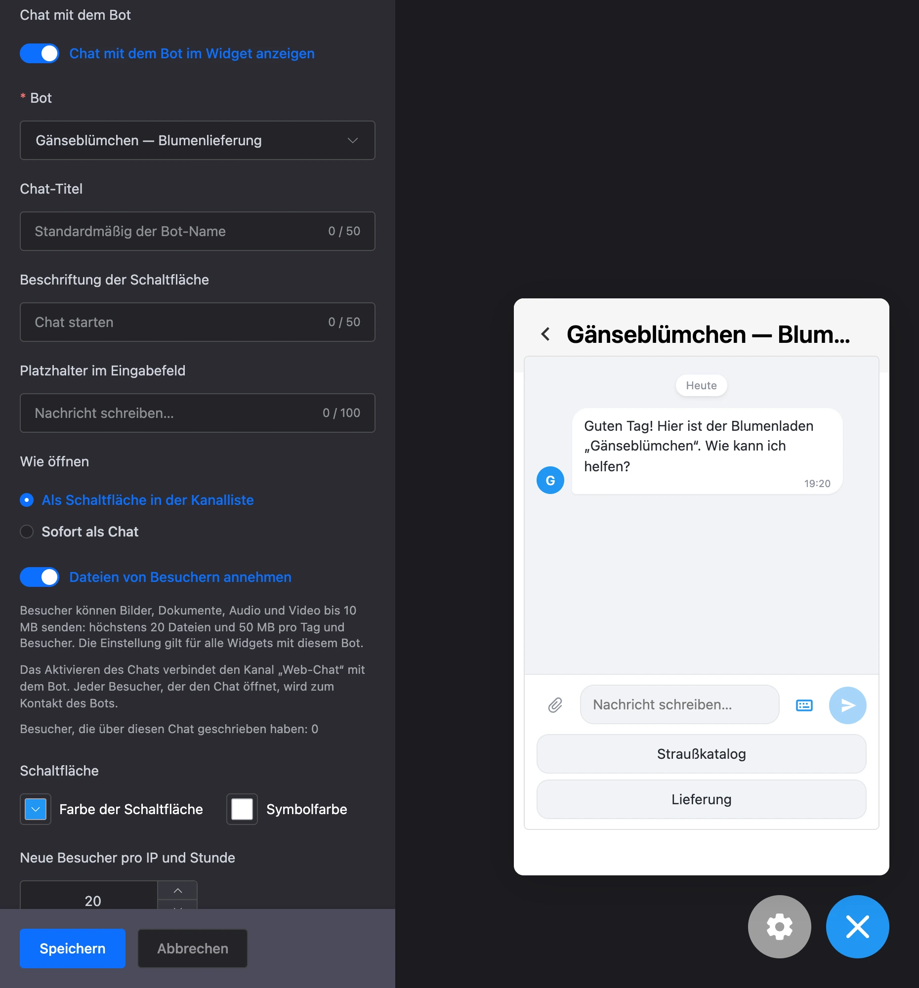 Chat-Einstellungen und geöffneter Chat mit dem Bot im Widget