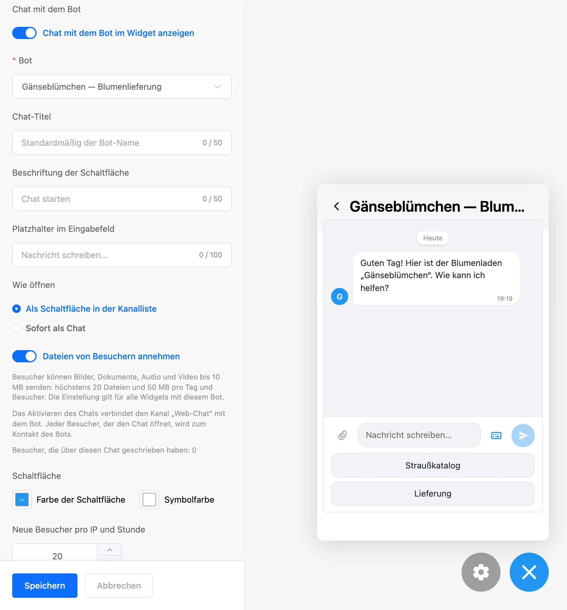 Chat-Einstellungen und geöffneter Chat mit dem Bot im Widget