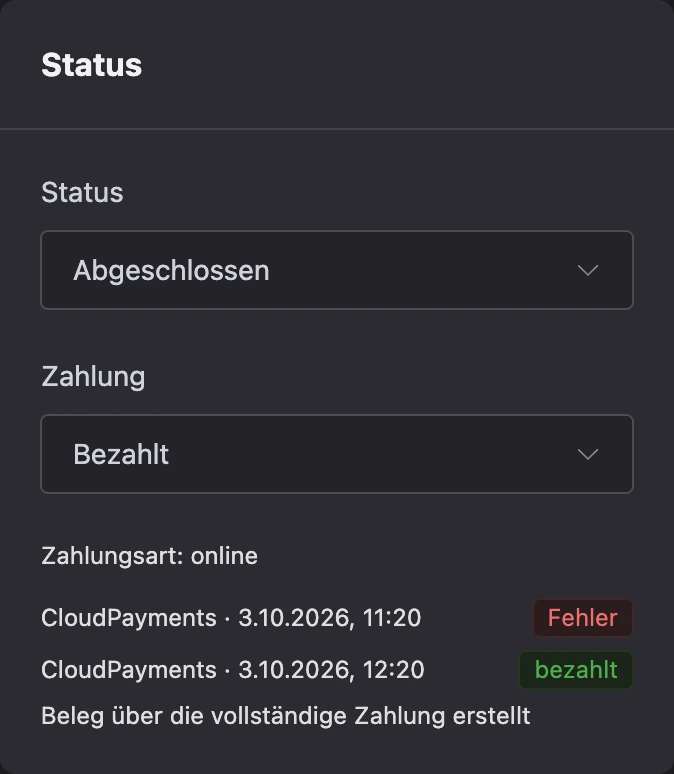 Zahlung einer abgeschlossenen Bestellung: Beleg über die vollständige Zahlung erstellt