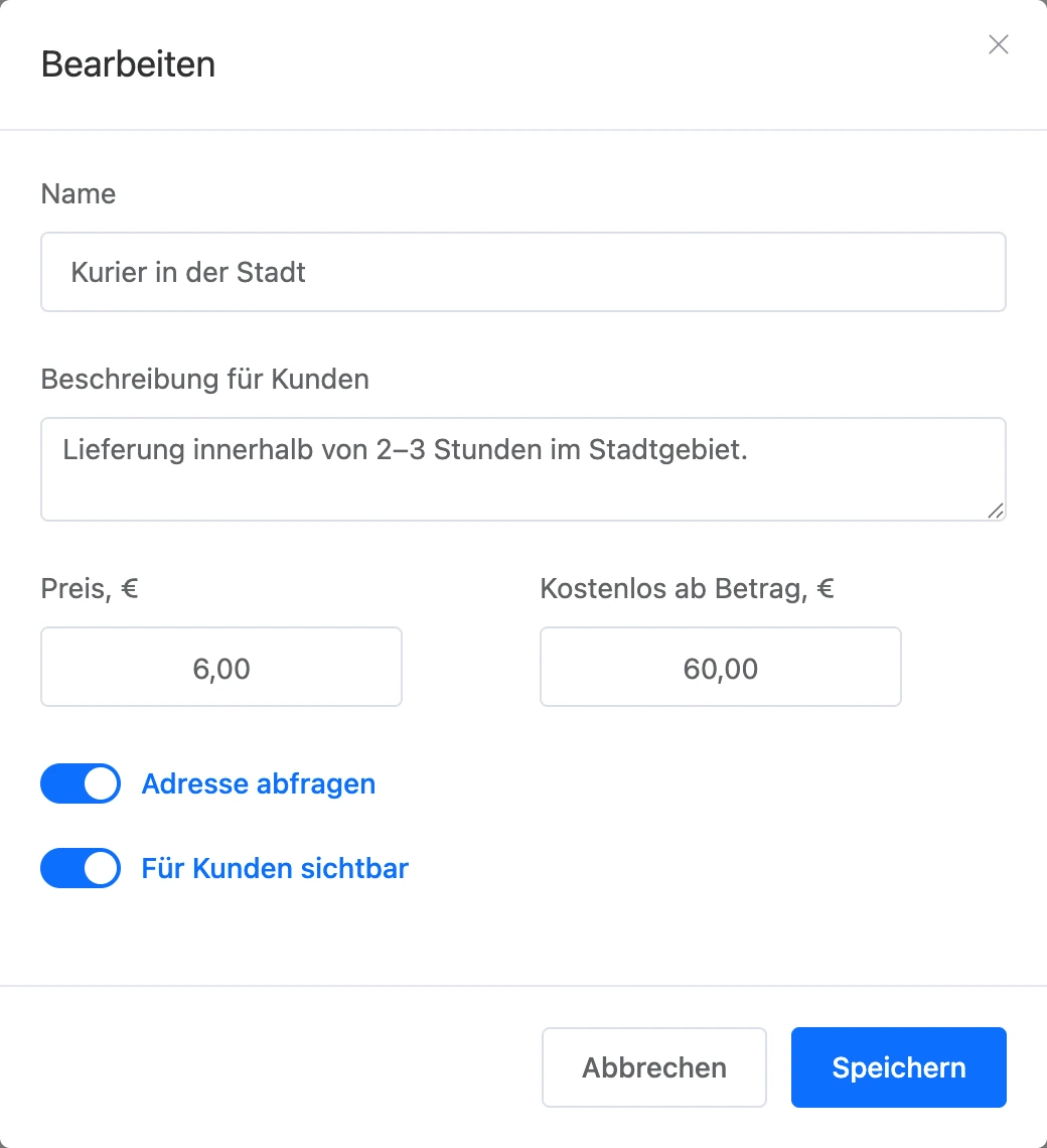Fenster der Versandart