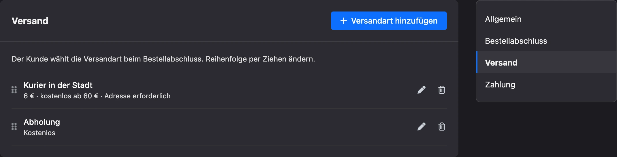 Versandarten des Shops